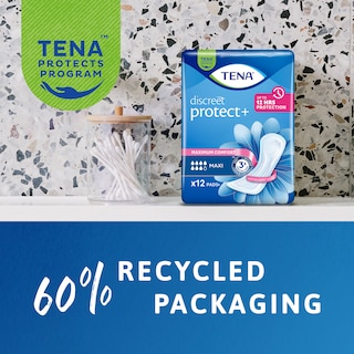 „TENA Discreet Maxi“ 60 % pakuotės sudaro perdirbtos medžiagos