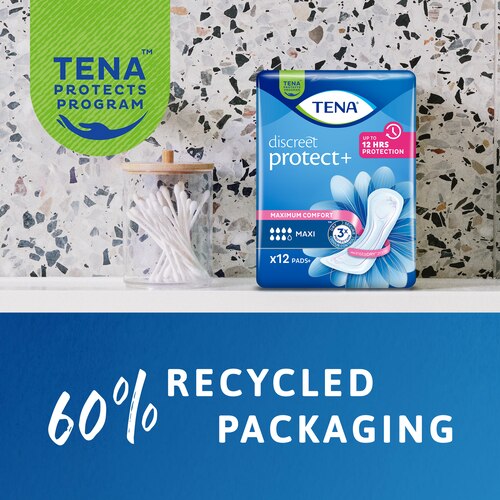 „TENA Discreet Maxi“ 60 % pakuotės sudaro perdirbtos medžiagos