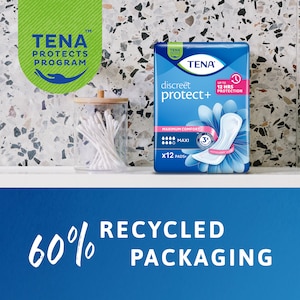 TENA Discreet Protect+ Maxi -suojan pakkaus on 60-prosenttisesti kierrätettyä materiaalia