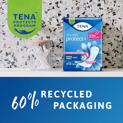 TENA Discreet Protect+ Maxi 60% ulatuses taaskasutatud materjalidest valmistatud pakendiga