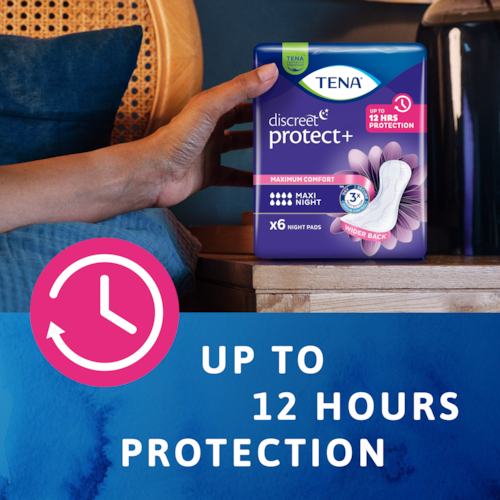 Opptil 12 timers beskyttelse med TENA Discreet Protect+ Maxi Night