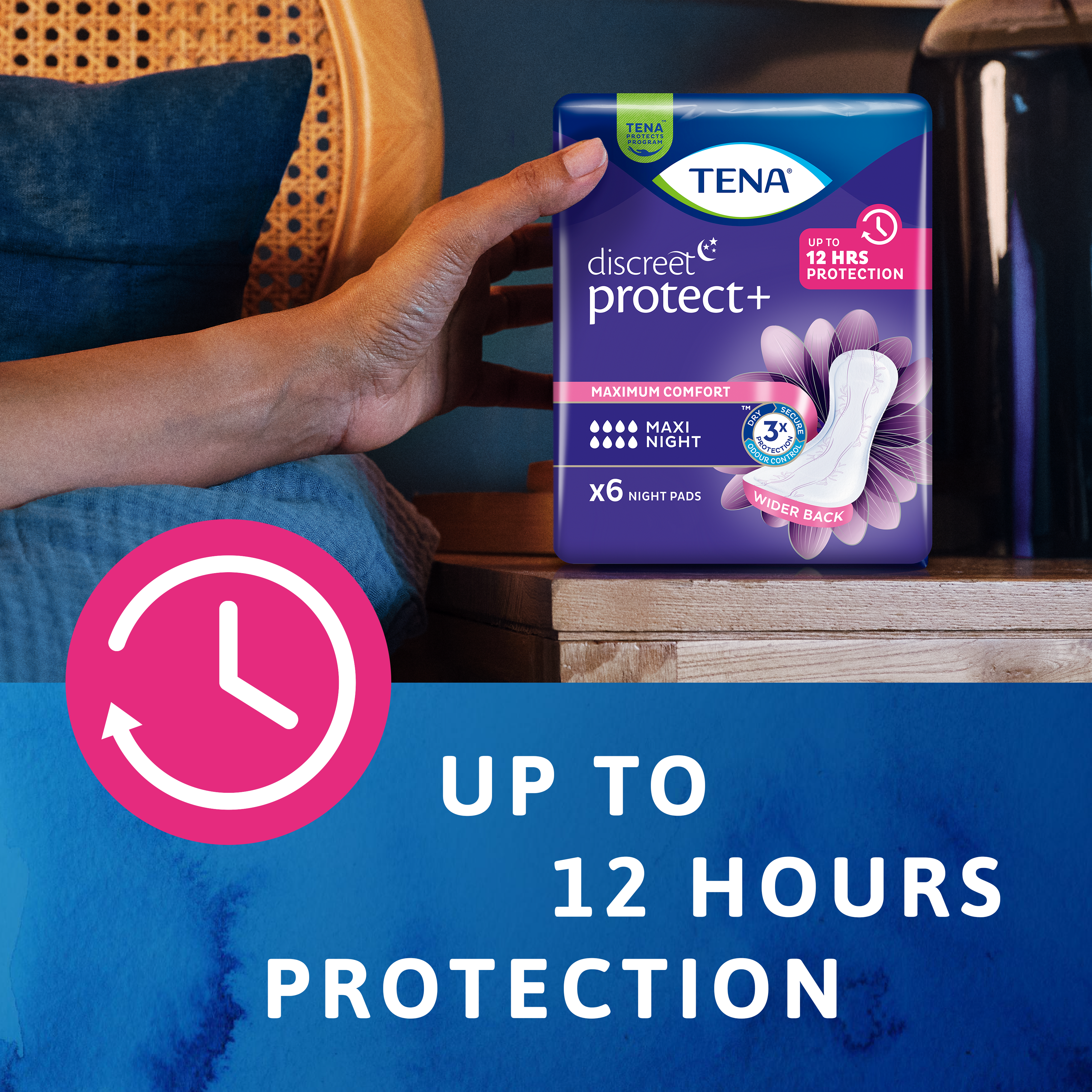 Up to 12 hours protection with TENA Discreet Protect+ Maxi Night