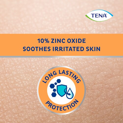 Immagine macro della pelle umana, didascalia che riporta “10% di ossido di zinco, lenisce la pelle irritata” e icona che indica la “protezione a lunga durata”