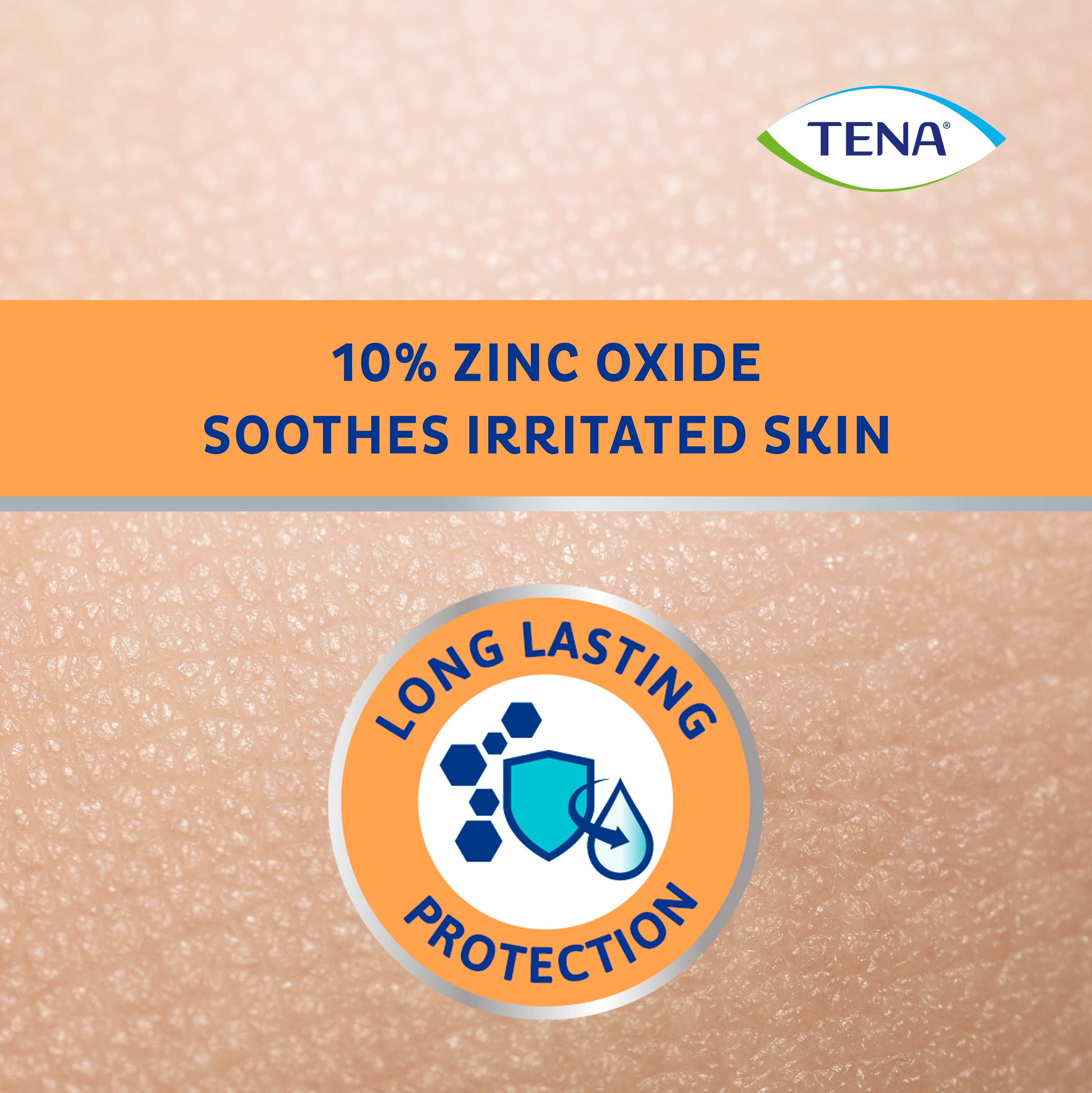 Immagine macro della pelle umana, didascalia che riporta “10% di ossido di zinco, lenisce la pelle irritata” e icona che indica la “protezione a lunga durata”