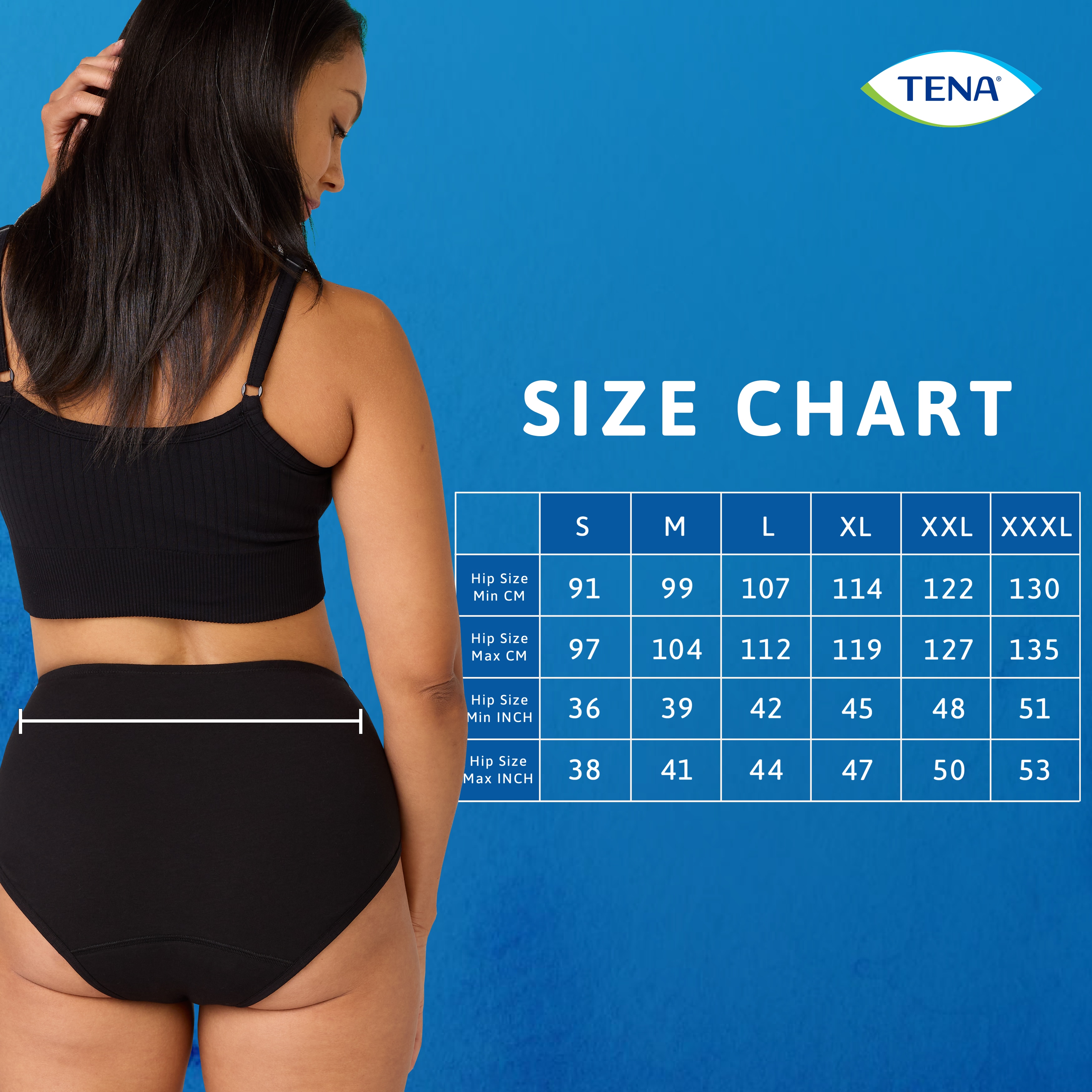 Gráfico de tamanhos da roupa interior lavável TENA Soft Cotton