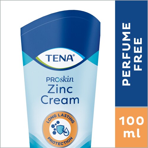 Puolikas TENA Proskin Zinc Cream -tuotepakkaus ja pystysuuntainen teksti, jossa lukee ‘hajusteeton’