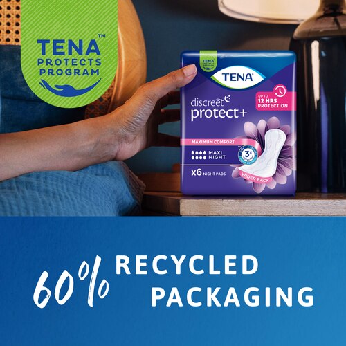 „TENA Discreet Maxi Night“ 60 % pakuotės sudaro perdirbtos medžiagos