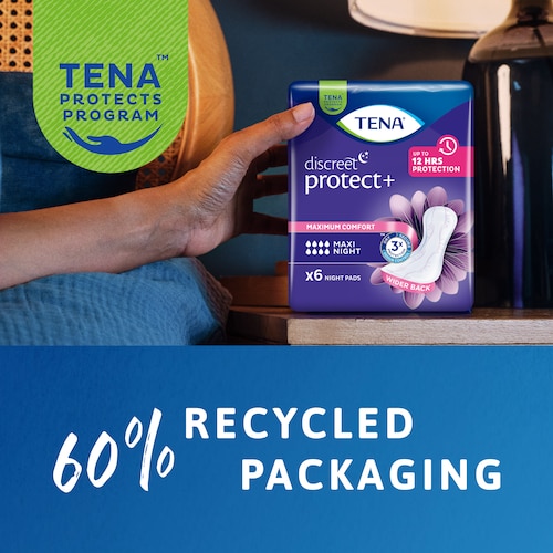 A TENA Lady Protect+ Maxi Night csomagolóanyaga 60%-ban újrahasznosított anyagokból készül