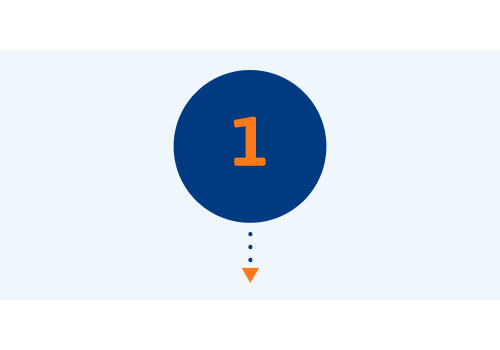 A dark blue circle with an orange number one inside. There is a small arrow coming out of the bottom of the circle pointing downward.