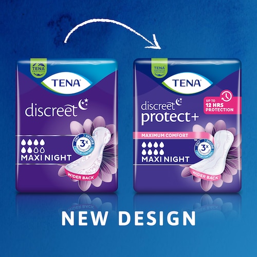 TENA Discreet Maxi Night est disponible dans un nouveau design