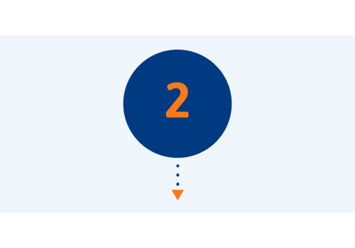 A dark blue circle with an orange number two inside. There is a small arrow coming out of the bottom of the circle pointing downward.