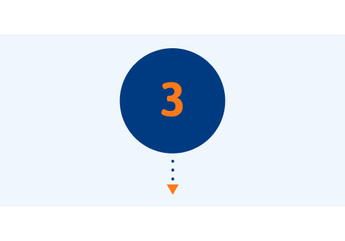 A dark blue circle with an orange number three inside. There is a small arrow coming out of the bottom of the circle pointing downward.