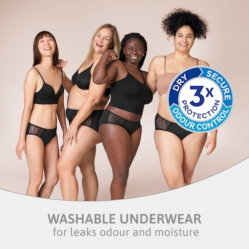 Black washable absorbent underwear with Triple Protection against leaks, odour and moisture