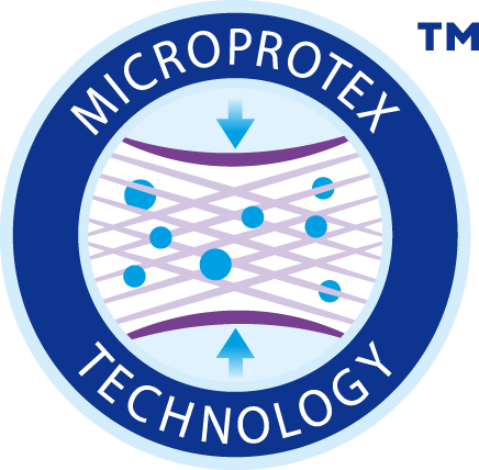 Technologia MicroProteX TENA z niebieskimi i fioletowymi strzałkami oraz kropkami na białym tle.