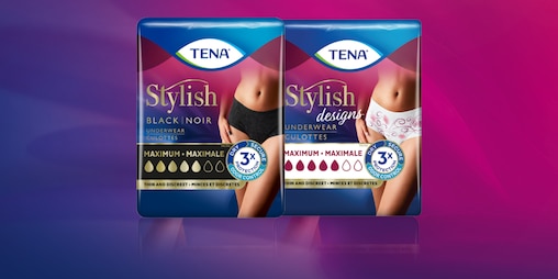 Emballages de culottes TENA Silhouette, présentés en trois choix disponibles.