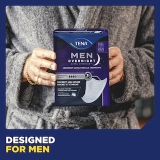 TENA Men Overnight Extra Coverage Guards are designed for men.
