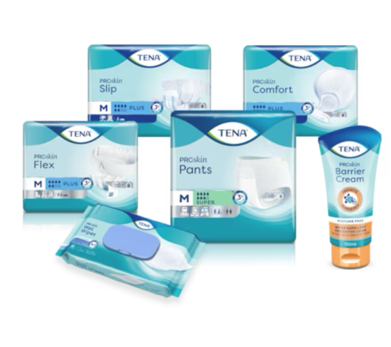 La gamme TENA ProSkin comprend les produits absorbants TENA, les débarbouillettes préimprégnées TENA, la crème barrière TENA et la crème TENA Zinc.