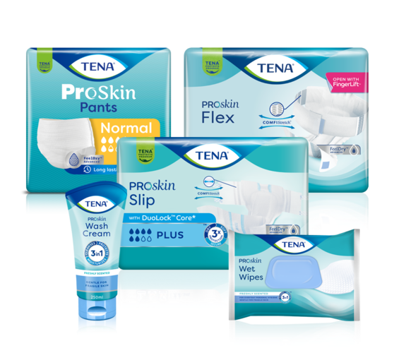 The TENA ProSkin range includes TENA absorbent products, TENA Wet Wipes and TENA Barrier Cream and TENA Zinc Cream.
