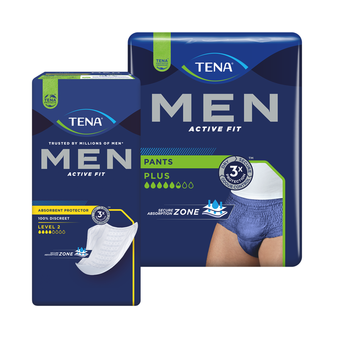 An image showing a selection of TENA incontinence products for men.