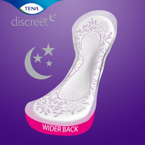 TENA Discreet Normal Night con una parte trasera más ancha que ofrece seguridad ante las pérdidas de orina mientras duermes