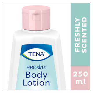 TENA ProSkin Body Lotion bottle shown beside text reading "Freshly scented" and "250 ml"