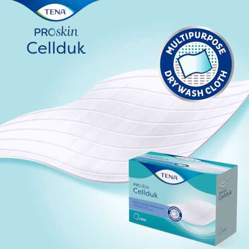 Umývacia utierka TENA ProSkin Cellduk – vysoko absorpčná, pevná a veľká nevlhčená utierka na umývanie, určená na viacúčelové používanie