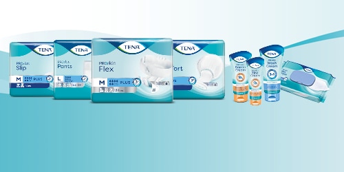 Una selezione di prodotti per l’incontinenza TENA ProSkin e di prodotti per la cura della pelle TENA 
