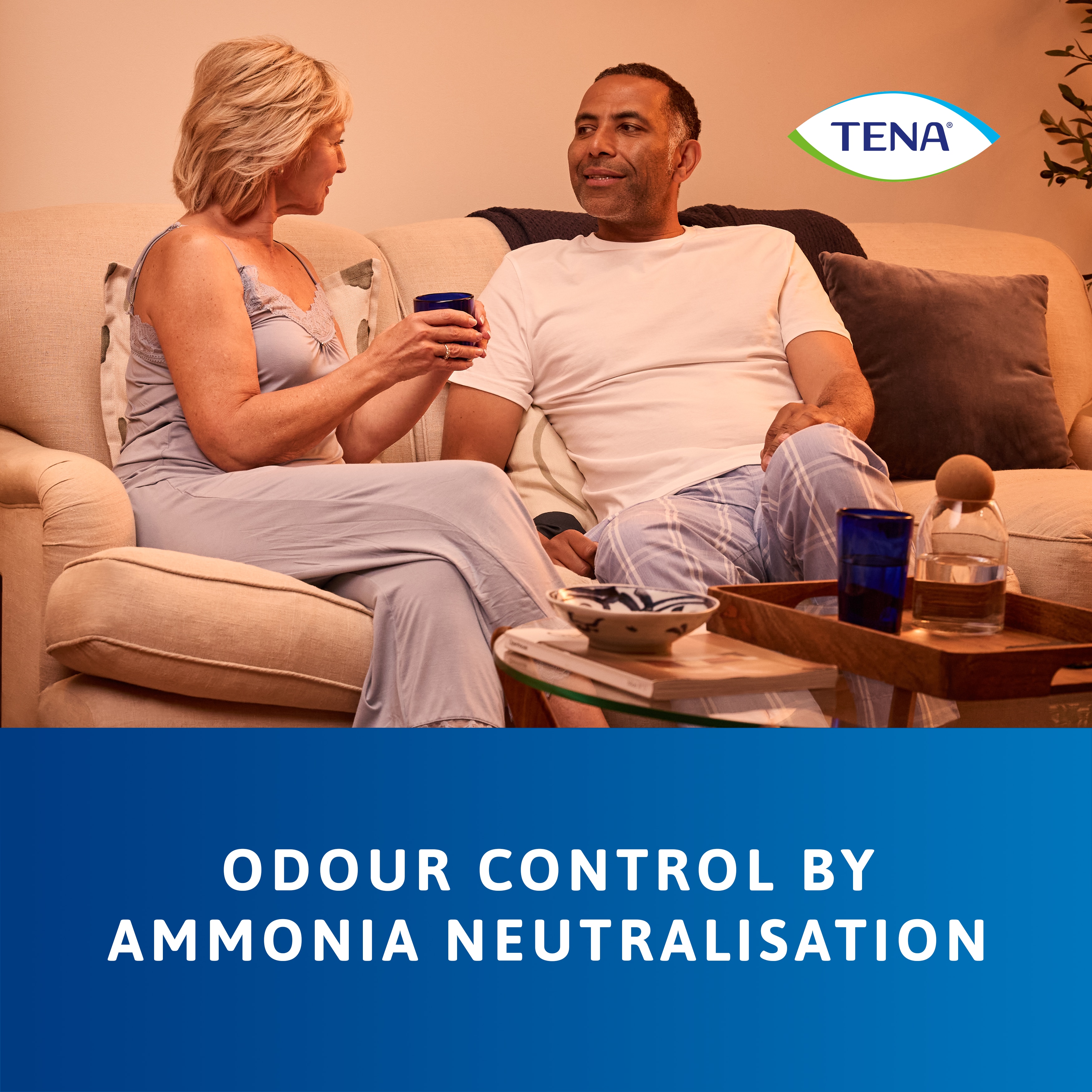 As TENA Pants protect+ proporcionam controlo de odores através da neutralização do efeito do amoníaco