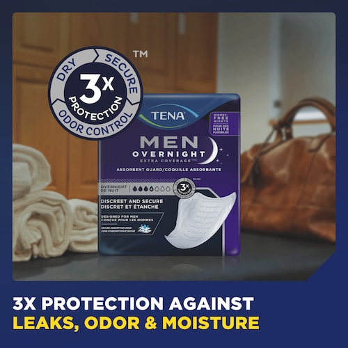 TENA Men Overnight Extra Coverage Guards provide triple protection against leaks, odor and moisture.
