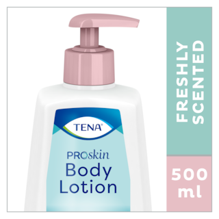TENA ProSkin Body Lotion bottle with a pump top, shown beside text reading "Freshly scented" and "500 ml"