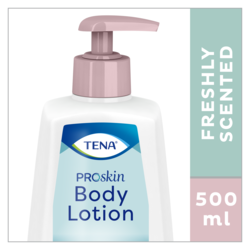TENA ProSkin Body Lotion Kosteusemulsio on raikkaan tuoksuinen ja pakattu kätevään 500 ml:n pumppupulloon