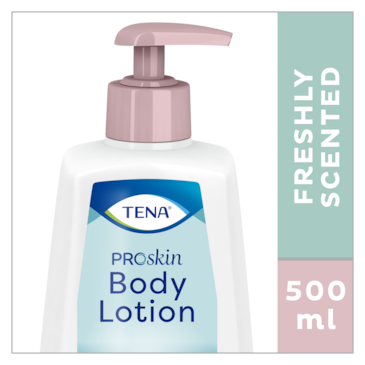 Loção corporal TENA ProSkin, uma loção corporal suavemente perfumada num frasco prático de 500 ml com doseador