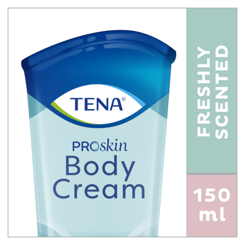 TENA ProSkin Body Cream er en fuktende kroppskrem med frisk duft, i en tube på 150 ml