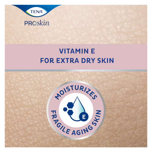 TENA ProSkin Body Cream spendet der angegriffenen Haut älterer Menschen Feuchtigkeit und versorgt die sehr trockene Haut zusätzlich mit Vitamin E.