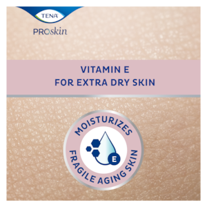 TENA ProSkin Body Cream spendet der angegriffenen Haut älterer Menschen Feuchtigkeit und versorgt die sehr trockene Haut zusätzlich mit Vitamin E.
