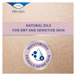 TENA ProSkin telový olej hydratuje krehkú pokožku seniorov prírodnými olejmi vhodnými na suchú a citlivú pokožku