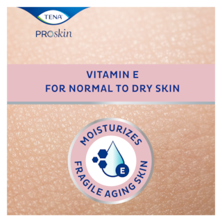 Close‑up of skin with the TENA ProSkin logo and the text "Vitamin E for normal to dry skin", plus an icon labeled "Moisturizes fragile aging skin"