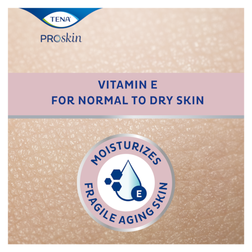 TENA ProSkin Loción corporal hidrata la piel frágil de las personas mayores ya que contiene vitamina E para pieles muy secas