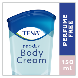 TENA ProSkin Body Cream er en parfymefri fuktende kroppskrem i en tube på 150 ml.