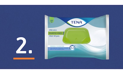 An image showing TENA ProSkin cleansing wipes beside the number 2. The number 2 represents ‘cleanliness’ - the second step in TENA’s 3-Step skin health solution.