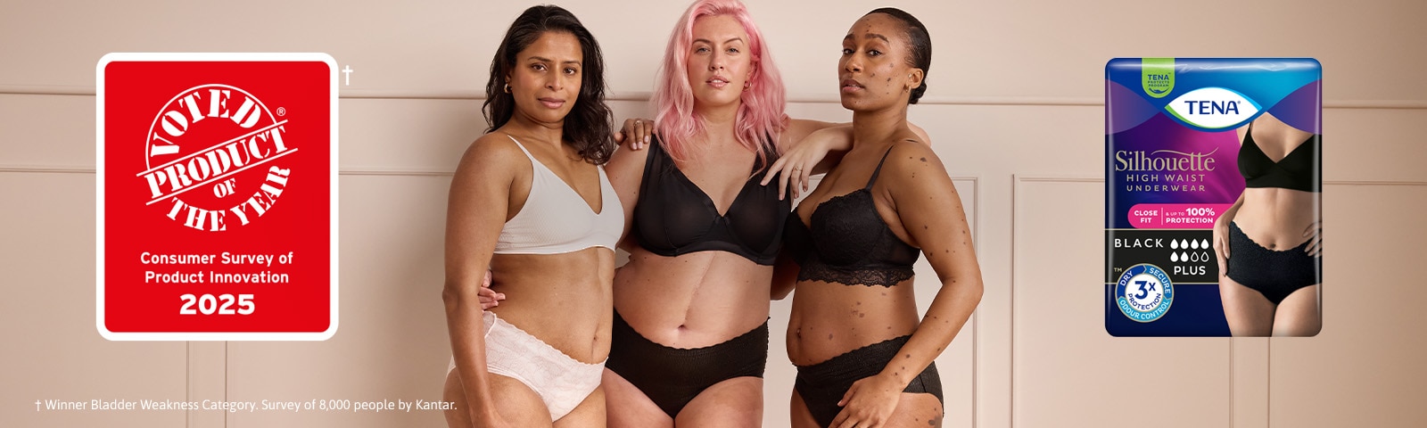 Models wearing TENA Silhouette incontinence underwear with Product of the Year 2025 Logo