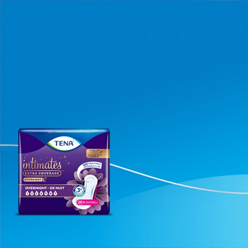 A pack of TENA Intimates Extra Coverage (TM) Overnight incontinence pads against a blue background  