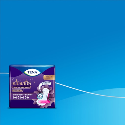 A pack of TENA Intimates Extra Coverage (TM) Overnight incontinence pads against a blue background  