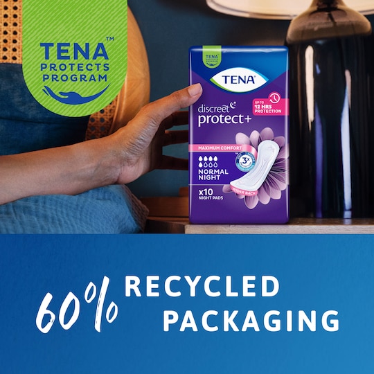 TENA Discreet Protect+ Maxi -suojan pakkaus on 60-prosenttisesti kierrätettyä materiaalia
