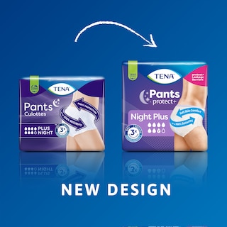 Novo design do produto TENA Pants protect+ Night em comparação com o produto anterior