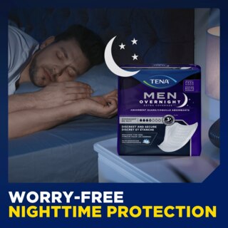 TENA Men Overnight Extra Coverage Guards provide you with worry free nighttime protection.
