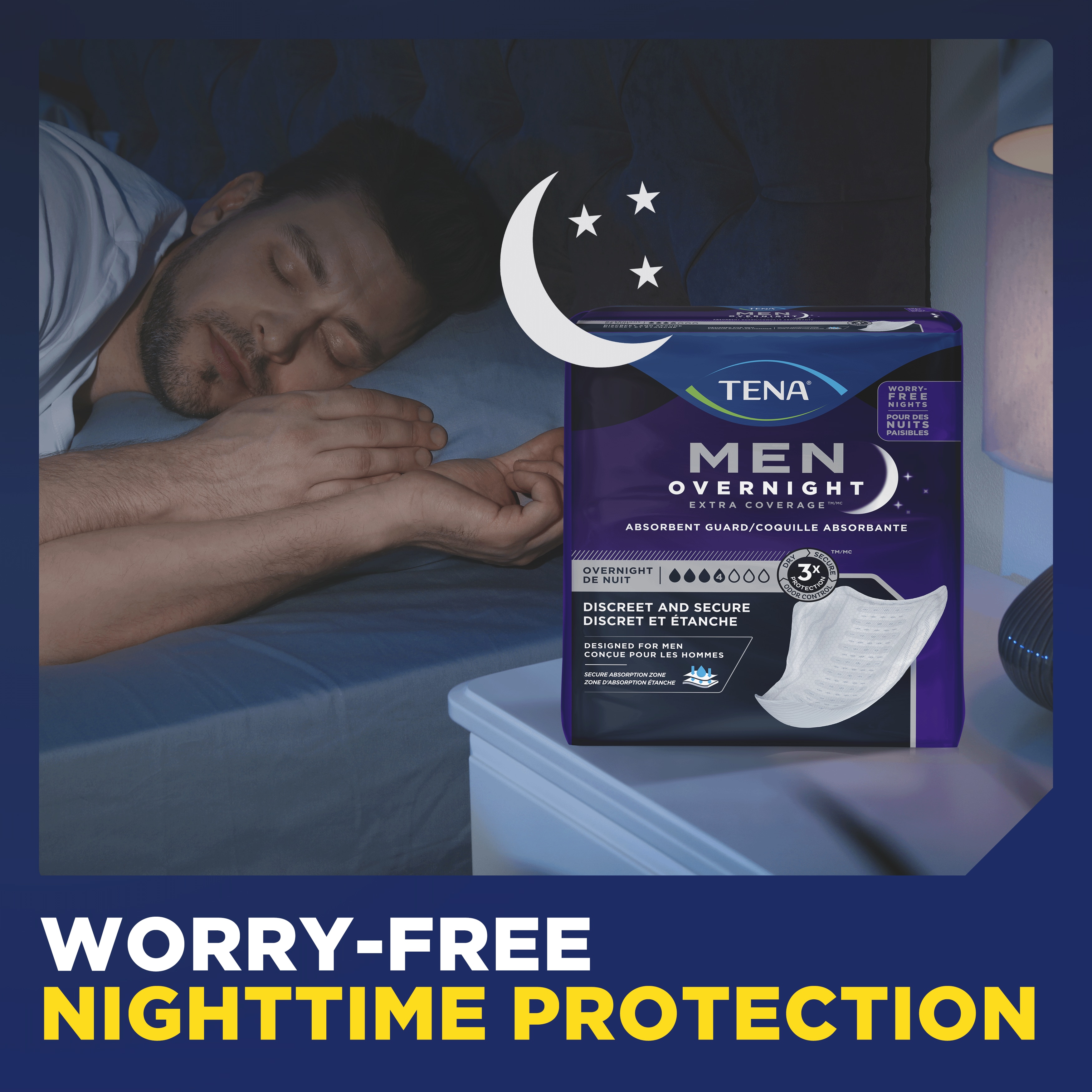 TENA Men Overnight Extra Coverage Guards provide you with worry free nighttime protection.