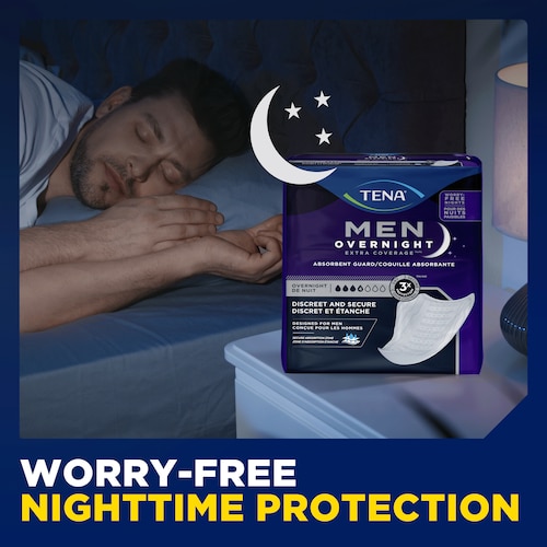 TENA Men Overnight Extra Coverage Guards provide you with worry free nighttime protection.
