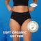 Femme portant la culotte absorbante lavable en coton doux TENA, avec la légende «coton doux biologique»