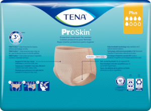 Back of pack of TENA ProSkin Plus Protective Underwear for women